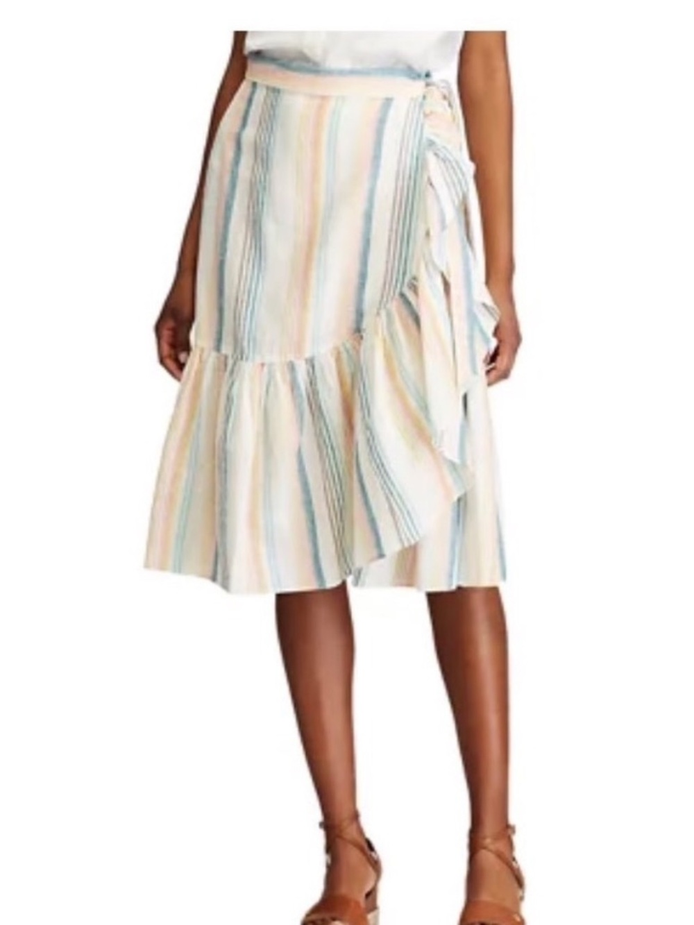Chaps Multi-Stripe Linen Blend Wrap Midi Skirt NWT